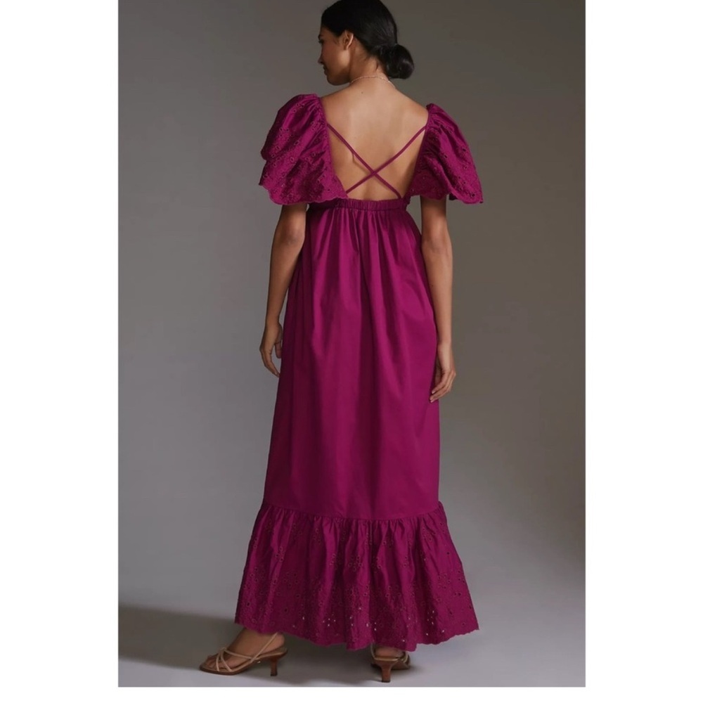En Saison Eyelet Puff Sleeve Midi Dress M Magenta Cottagecore Romantic - Picture 2 of 10